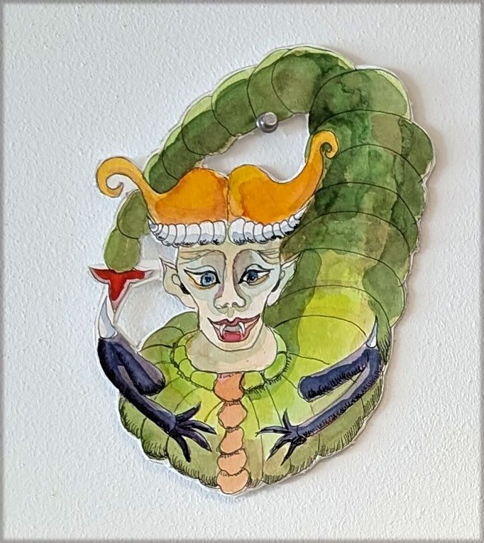 Loes Groothuis, 4 aquarellen : Vliegende tor, Rups met meisjeshoofd, vogel1 en vogel 2
prijs is € 90 per stuk