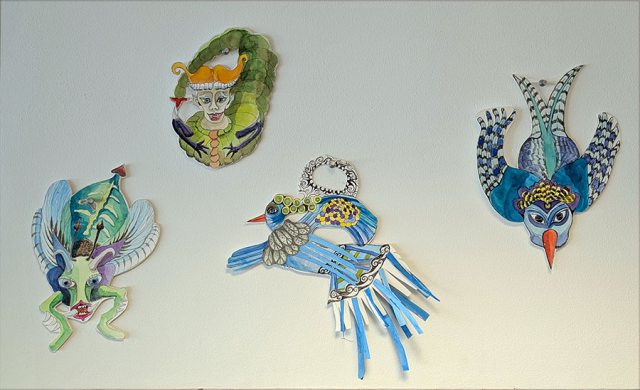 Loes Groothuis, 4 aquarellen : Vliegende tor, Rups met meisjeshoofd, vogel1 en vogel 2
prijs is € 90 per stuk
