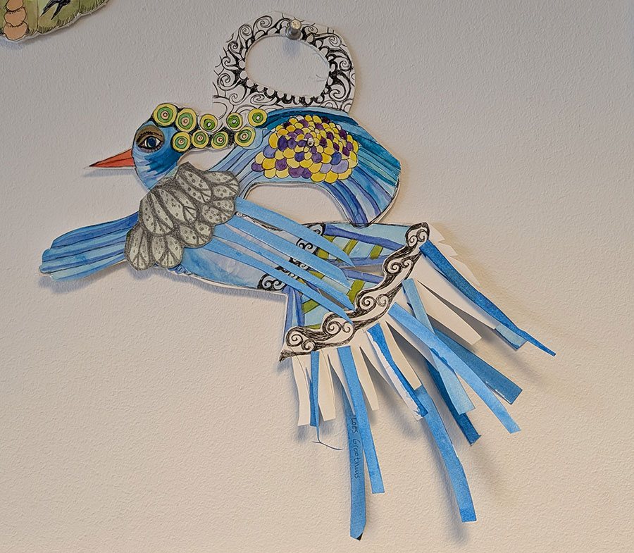 Loes Groothuis, 4 aquarellen : Vliegende tor, Rups met meisjeshoofd, vogel1 en vogel 2
prijs is € 90 per stuk